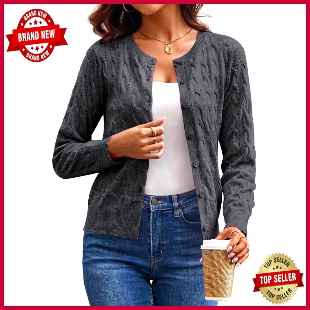 Cable Knit Cardigan Lightweight Cropped Crewneck Button Up Sweater Chic